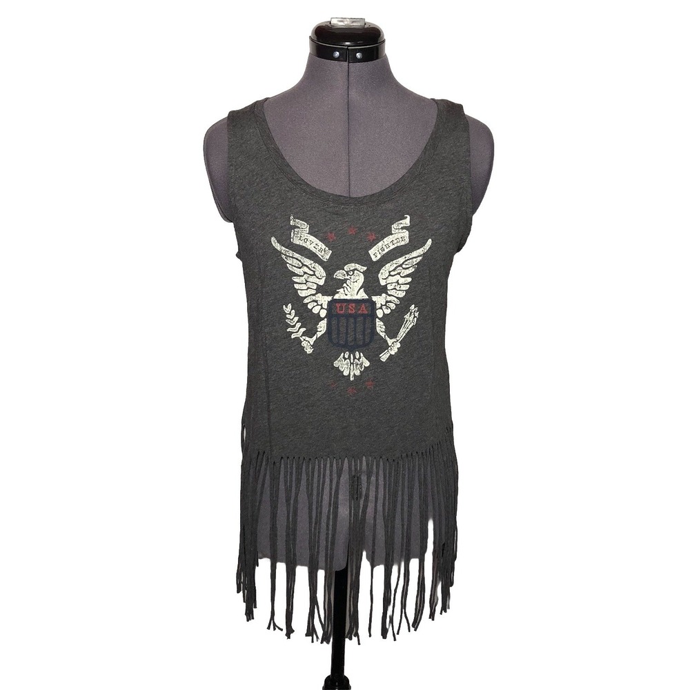 Idyllwind Fringe Boho Tank Top USA Eagle Graphic‎ Patriotic Gray Women's L B-38"